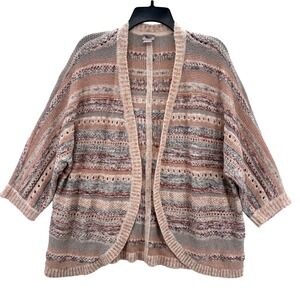 Chicos Open Front Earth Tone Striped Knit Cardigan Linen XL Slouchy Coastal Boho